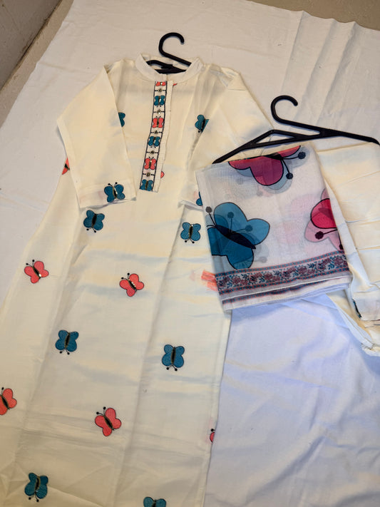 Butterfly pattern white kurta set