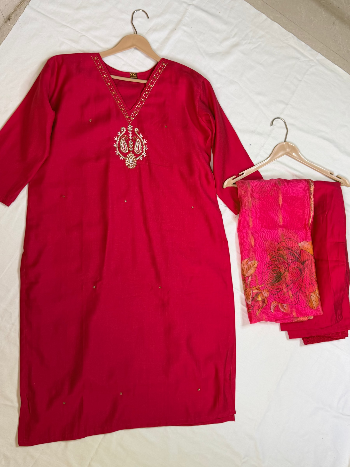 Rani Pink Outfit with printed Dupatta