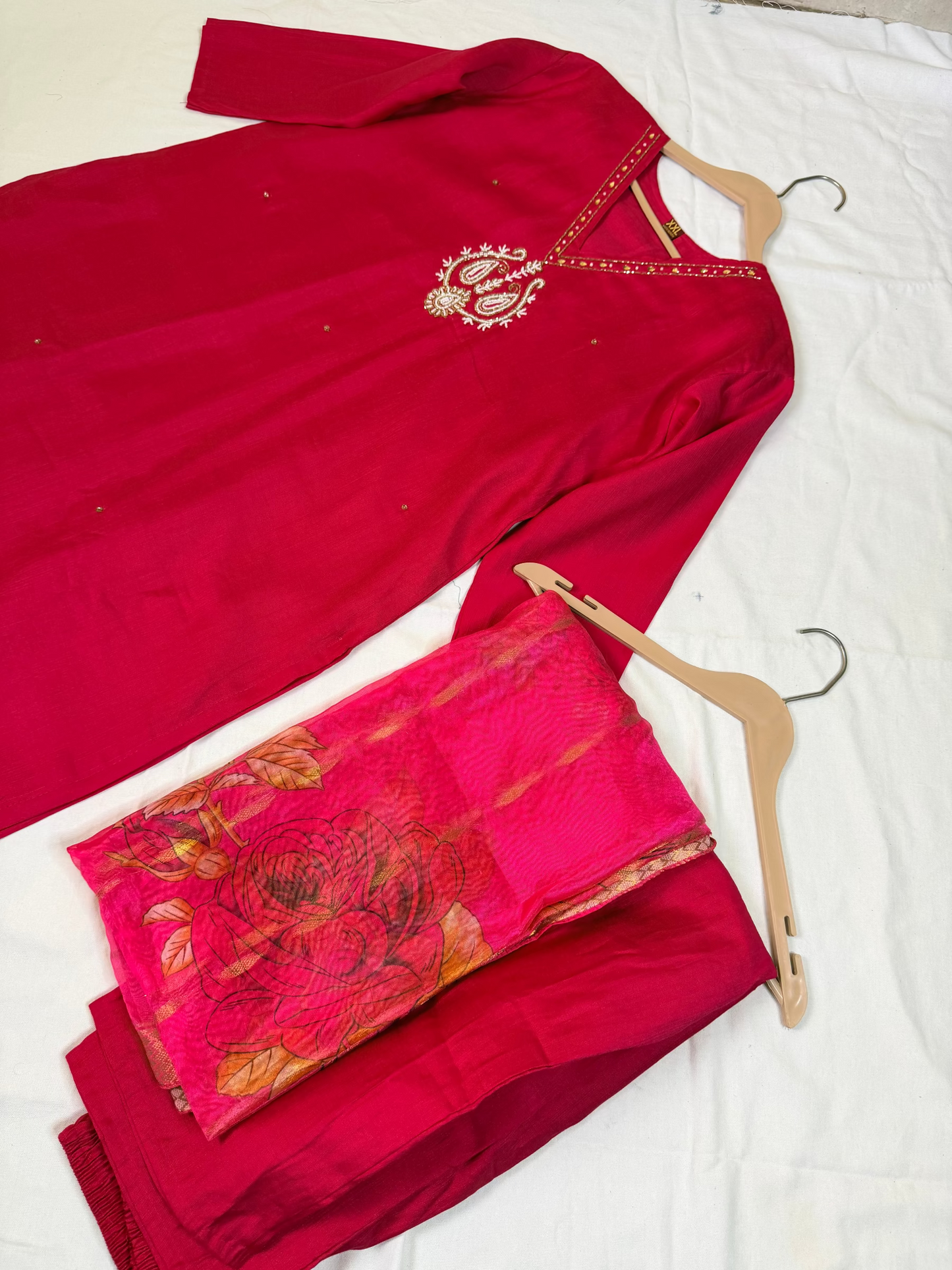 Rani Pink Outfit with printed Dupatta