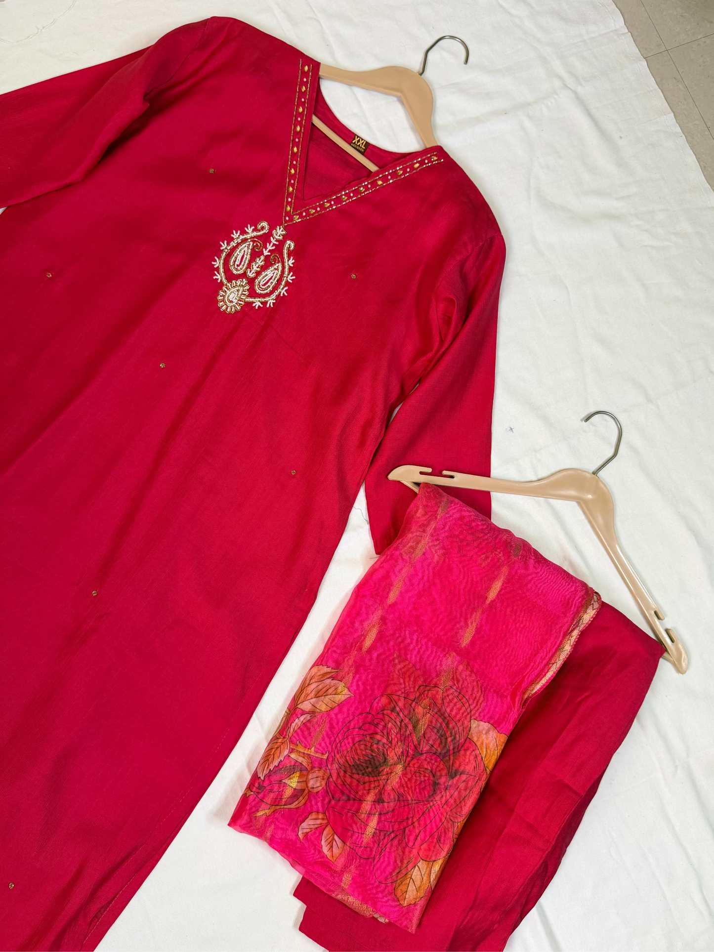 Rani Pink Outfit with printed Dupatta