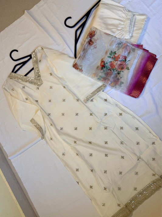 White embroidered with floral dupatta set