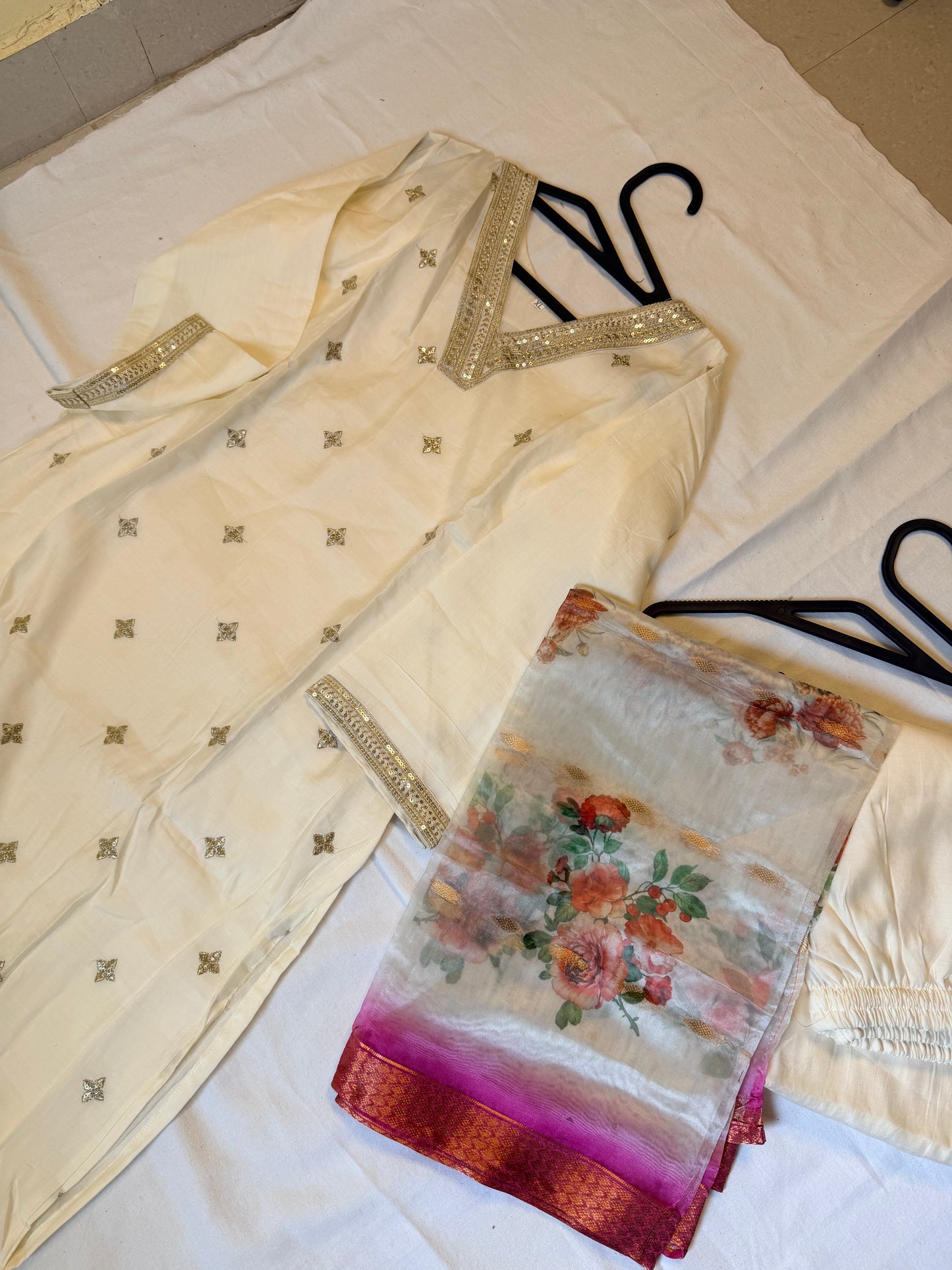 White embroidered with floral dupatta set