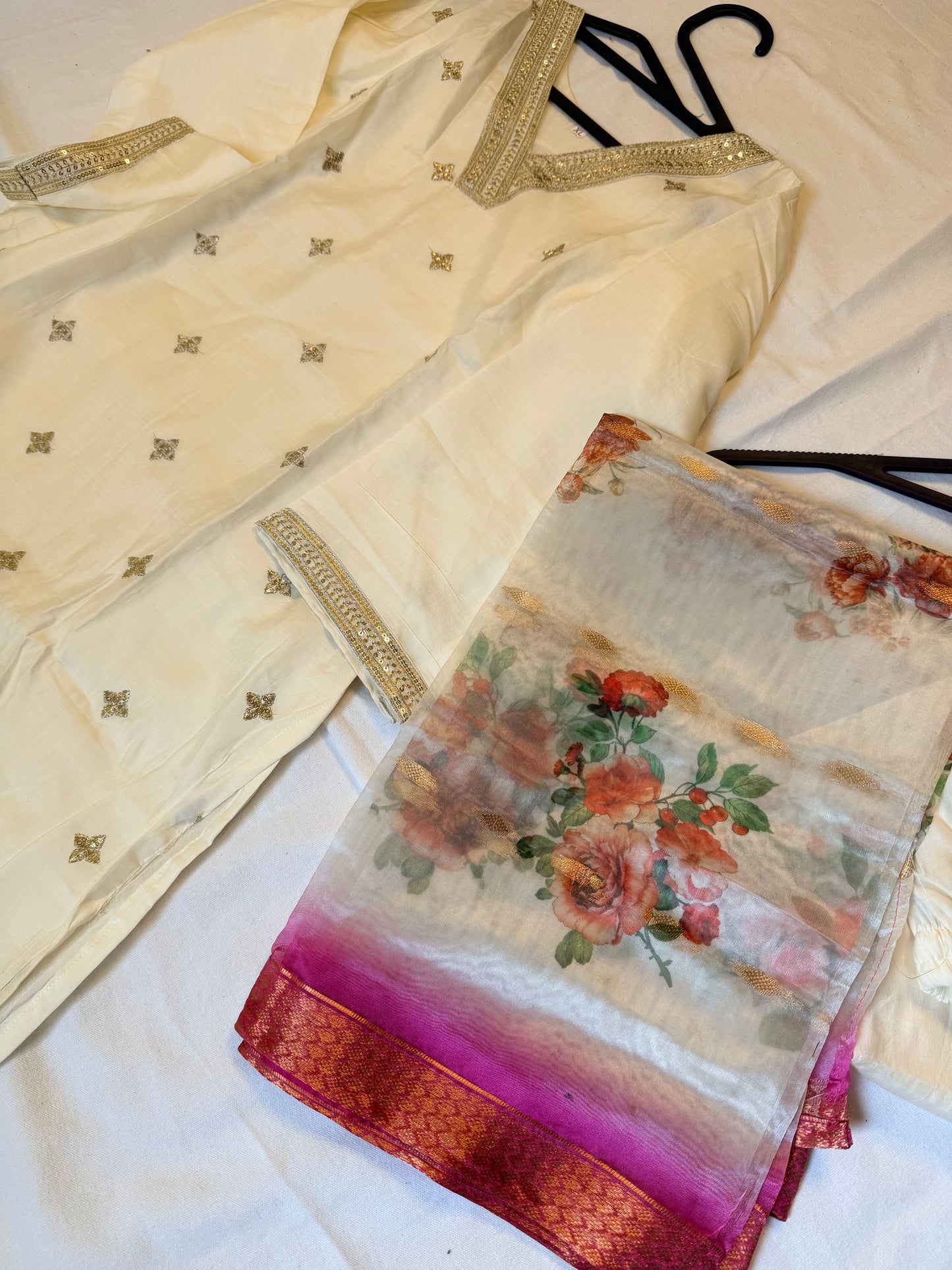 White embroidered with floral dupatta set
