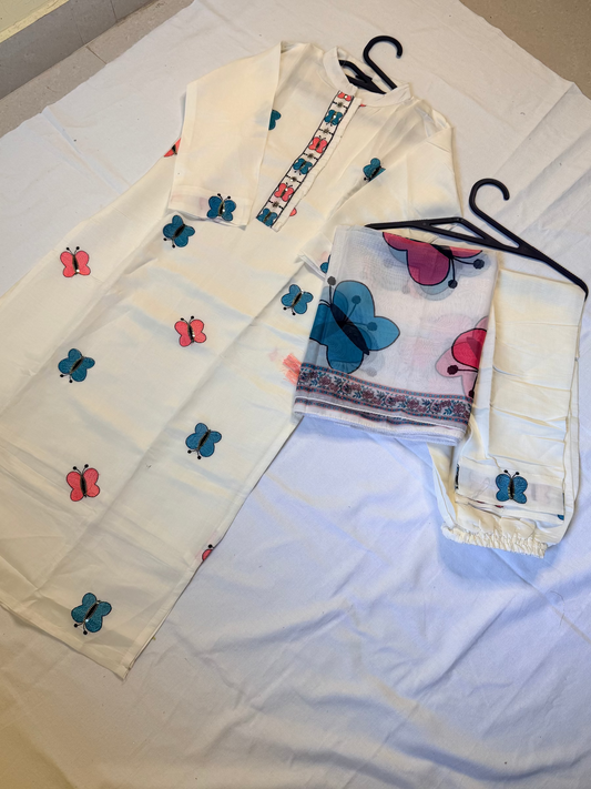 Butterfly pattern white kurta set