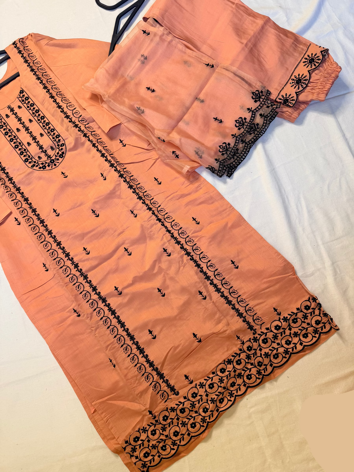 Peach outfit with black embroidery set