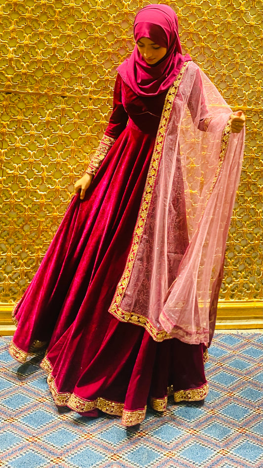 Maroon velvet dress with a sheer pink dupatta